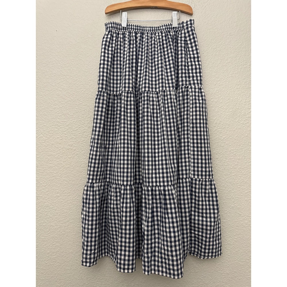 Abercrombie & Fitch Blue White Gingham Tiered Midi Skirt Boho Cottagecore XS - Picture 4 of 11
